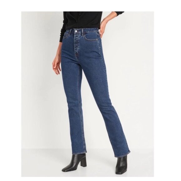 Womens Old Navy Extra High Rise Kicker Boot Dark Wash Tall Long Jeans Size 14 - Picture 1 of 8
